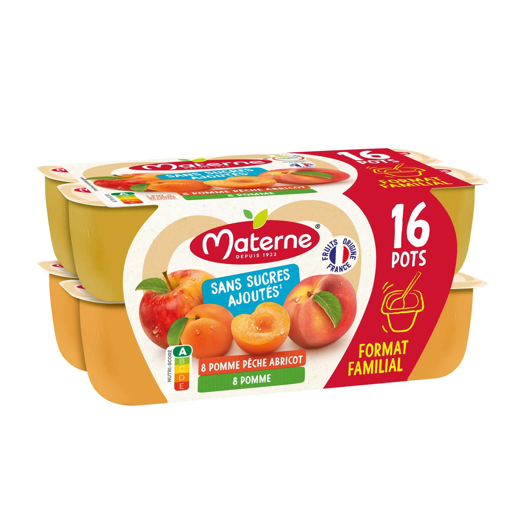 MATERNE Coupelles dessert compote pomme pêche abricot sans sucres ajoutés