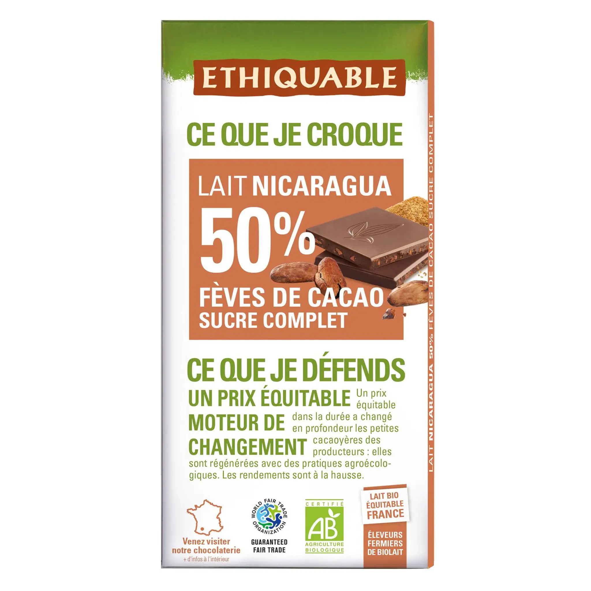 ETHIQUABLE Tablette de chocolat au lait nicaragua 50% fèves de cacao sucre complet bio