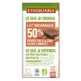 ETHIQUABLE Tablette de chocolat au lait nicaragua 50% fèves de cacao sucre complet bio