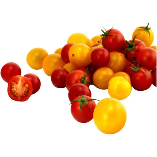 Tomates cerises rondes et allongées panachées