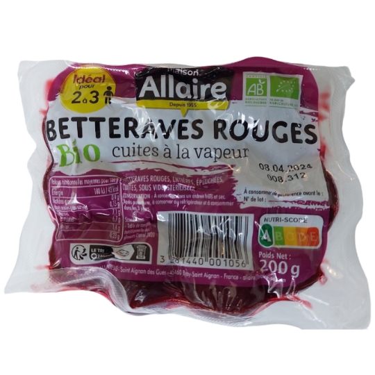 Betteraves Rouges Entières, Epluchées Cuites Bio ALLAIRE