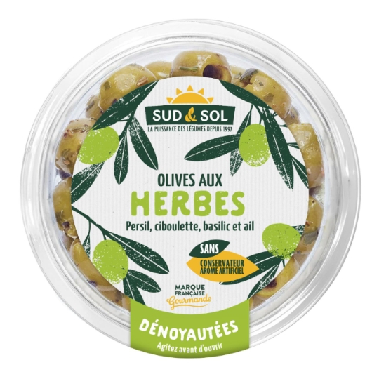 Olives Dénoyautées aux Herbes Persil, Ciboulette, Basilic et Ail SUD & SOL