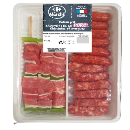Assortiment de Viande : Plateau Grill Avec Brochettes de Porc CARREFOUR LE MARCHE