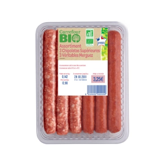 Assortiment de Viande : 3 Chipolatas Supérieures et 3 Vértiables Merguez Bio CARREFOUR BIO