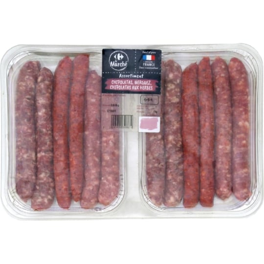 Assortiment de Saucisses : Chipolatas Natures ; aux Herbes et Merguez CARREFOUR LE MARCHE