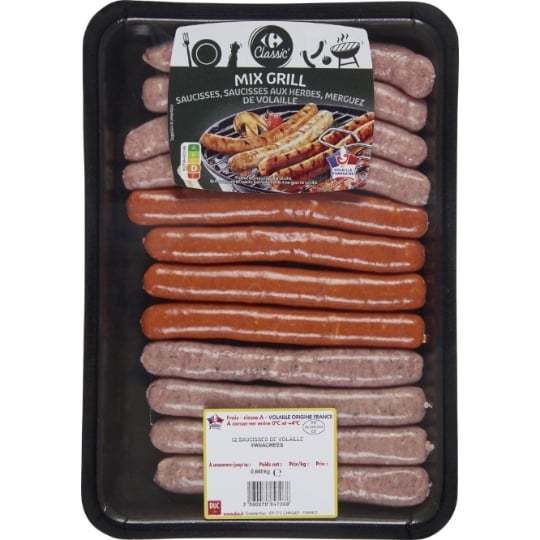 Assortiment de Saucisses : Chipolatas et Merguez de Volaille CARREFOUR CLASSIC'