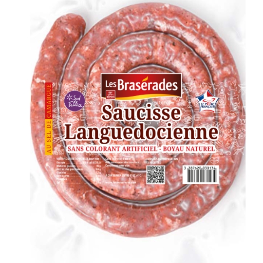 Saucisse Languedocienne au Sel de Camargue Boyau Naturel LES BRASERADES
