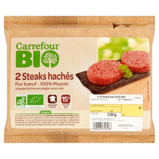 Steaks Hachés Bœuf Bio 15% MG CARREFOUR BIO