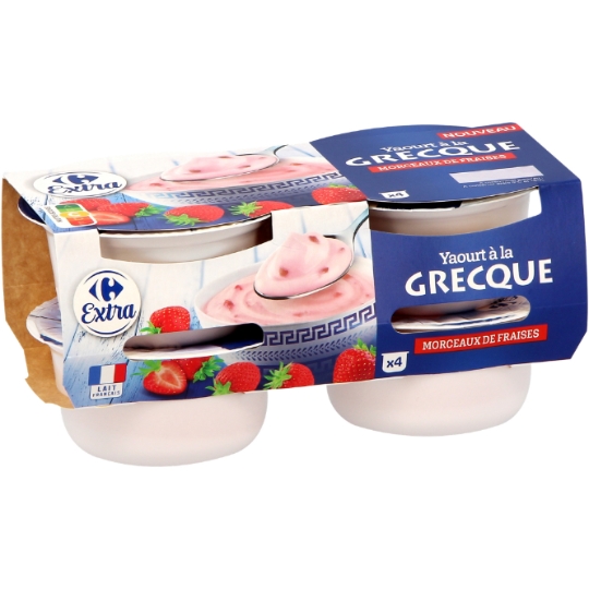 Yaourt à la grecque brassé sucré à la fraise avec morceaux de fraises, aromatisé CARREFOUR EXTRA