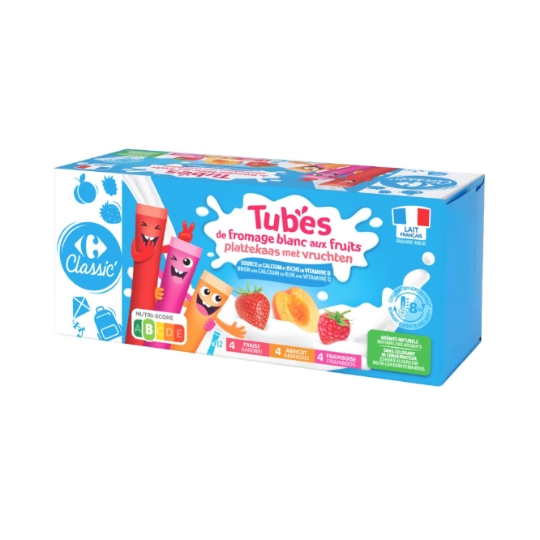 Tubes de fromage blanc aux fruits fraise, abricot et framboise, source de calcium CARREFOUR CLASSIC'