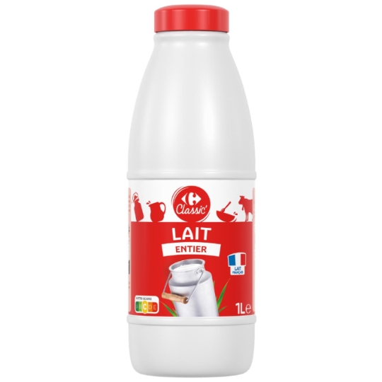 Lait entier, stérilisé UHT et lait français CARREFOUR CLASSIC'
