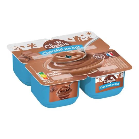 Crème dessert chocolat au lait et lait entier français CARREFOUR CLASSIC'