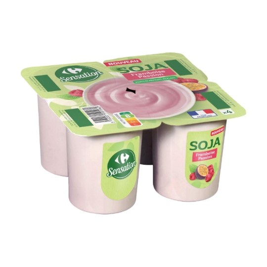 Yaourt soja français, aromatisée à la framboise et au jus de fruit de la passion CARREFOUR SENSATION