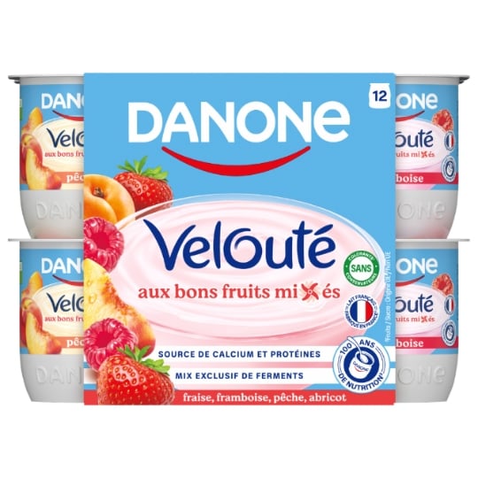 Yaourt aux fruits mixés fraise framboise pêche abricot DANONE VELOUTE