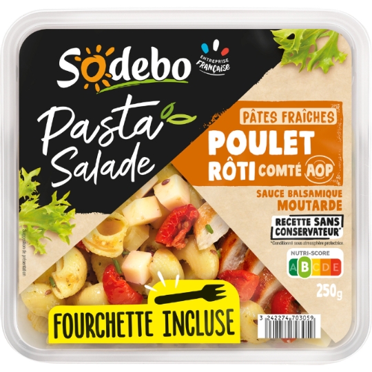 Salade Pâtes poulet rôti comté AOP sauce balsamique moutarde SODEBO