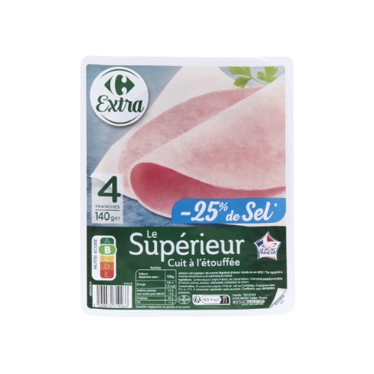 Jambon cuit supérieur, dégraissé et à teneur réduite en sel -25% CARREFOUR