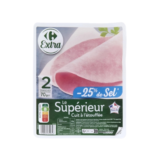 Jambon cuit à l'étouffée, découenné dégraissé et à teneur réduite en sel -25% CARREFOUR