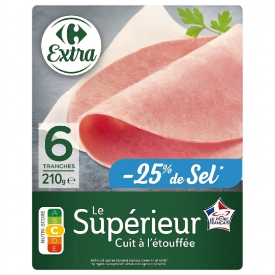 Jambon cuit à l'étouffée, découpé dégraissé et à teneur en sel réduite CARREFOUR