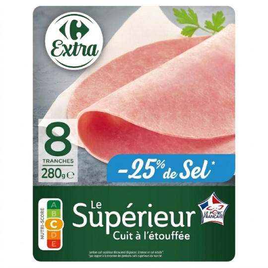 Jambon cuit supérieur, dégraissé et à teneur en sel réduite CARREFOUR