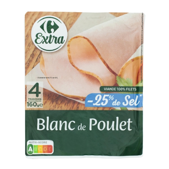 Blanc de poulet traité en salaison, qualité supérieure et à teneur réduite en sel de 25% CARREFOUR