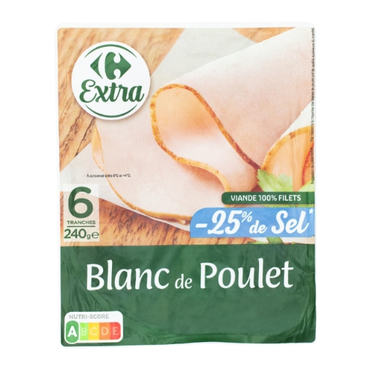 Blanc de poulet traité en salaison, qualité supérieure et à teneur réduite en sel de 25% CARREFOUR