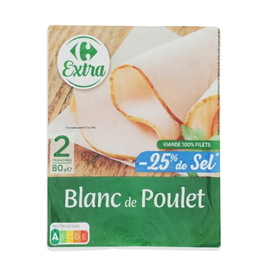 Blanc de poulet viande 100% filets, à teneur réduite en sel et qualité supérieure CARREFOUR