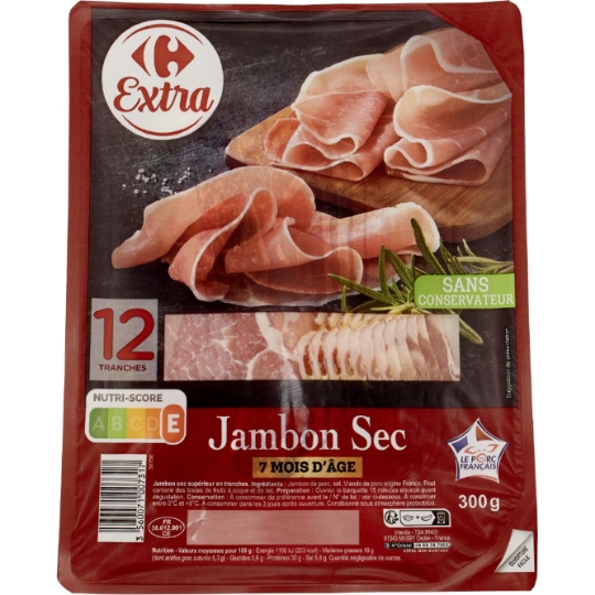 Jambon sec sans conservateur, supérieur et 7 mois d'âge CARREFOUR
