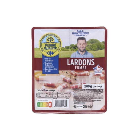 Lardons fumés, qualité supérieure et élevé sans traitement antibiotique CARREFOUR