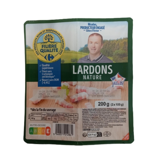 Lardons qualité supérieure, élevé sans traitement antibiotique et nourri sans OGM CARREFOUR