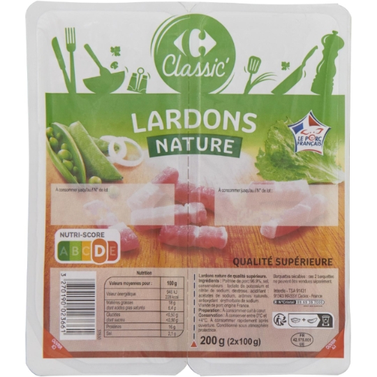 Lardons nature et qualité supérieure CARREFOUR CLASSIC'