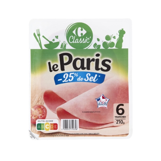 Jambon cuit découenné, dégraissé et à teneur réduite en sel CARREFOUR CLASSIC'