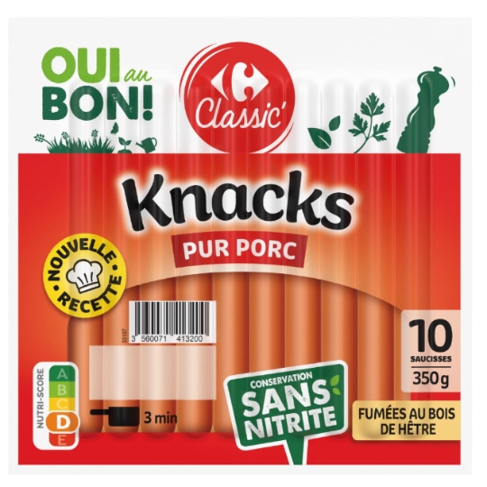 Knacks pur porc, sans nitrite et fumées au bois de hêtre CARREFOUR CLASSIC'
