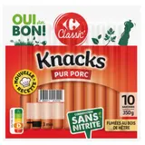 Knacks pur porc, sans nitrite et fumées au bois de hêtre CARREFOUR CLASSIC'