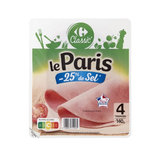 Jambon cuit sans polyphosphates ajoutés, à teneur réduite en sel de 25% et découenné CARREFOUR CLASSIC'