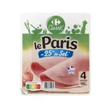 Jambon cuit sans polyphosphates ajoutés, à teneur réduite en sel de 25% et découenné CARREFOUR CLASSIC'