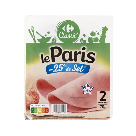 Jambon cuit découenné, dégraissé et à teneur réduite en sel de 25% CARREFOUR CLASSIC'