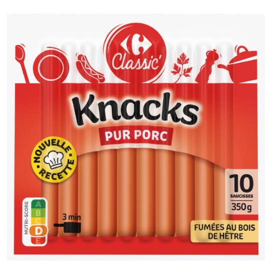 Saucisses pur porc et fumées au bois de hêtre CARREFOUR CLASSIC'