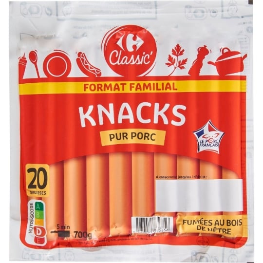 Saucisses pur porc et fumées au bois de hêtre CARREFOUR CLASSIC'