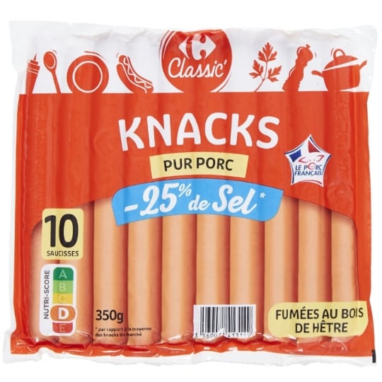 Saucisses pur porc, -25% de sel et fumées au bois de hêtre CARREFOUR CLASSIC'