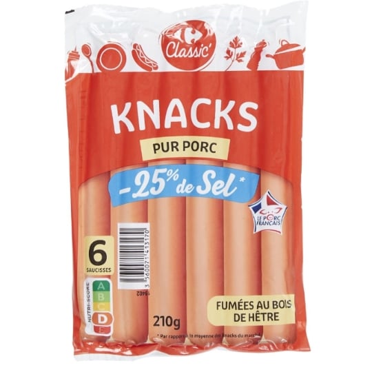 Knacks pur porc, -25% de sel et fumées au bois de hêtre CARREFOUR CLASSIC'