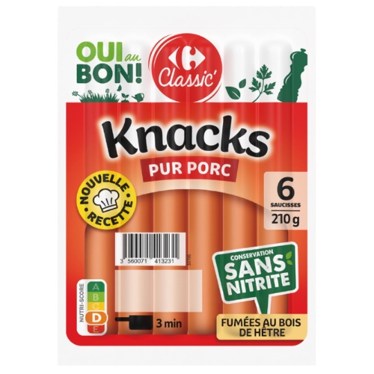 Saucisses pur porc, sans nitrite et fumées au bois de hêtre CARREFOUR CLASSIC'