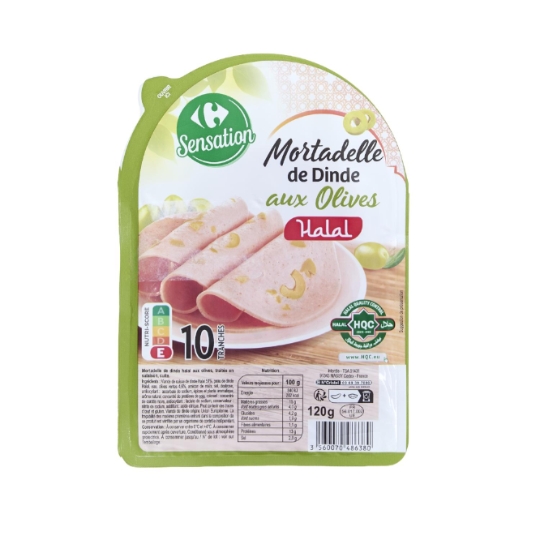 Mortadelle de dinde halal, aux olives et traitée en salaison CARREFOUR SENSATION