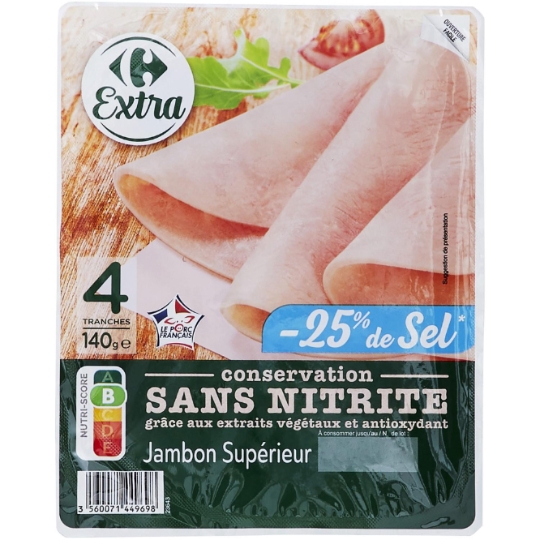 Jambon cuit supérieur, sans nitrite et à teneur en sel réduite de 25% CARREFOUR EXTRA