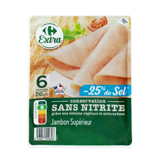 Jambon cuit supérieur découenné, dégraissé, -25% de sel, conservation sans nitrite CARREFOUR EXTRA