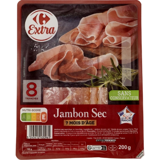 Jambon sec supérieur en tranches, 7 mois d'âge et sans conservateur CARREFOUR EXTRA