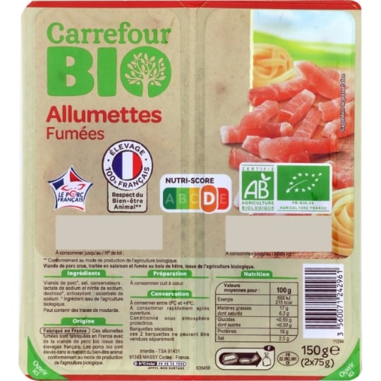 Lardons Allumettes  fumées Bio CARREFOUR BIO