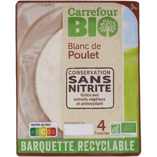Blanc de poulet supérieur bio, cuit, sans nitrite. CARREFOUR BIO