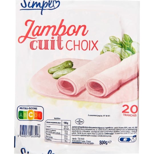 Jambon cuit de porc découenné et dégraissé, 20 tranches CARREFOUR SIMPL