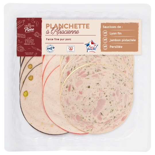 Saucisse Planchette à l'Alsacienne Farce Fine pur Porc Lyon Fin, Jambon Pistachée & Persillée LES CREATIONS DE PIERRE