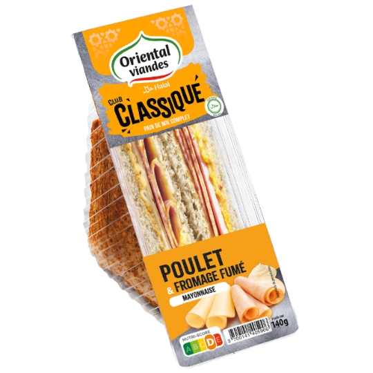 Sandwich Club Classique Poulet & Fromage Fumé Mayonnaise Pain de Mie Complet Halal ORIENTAL VIANDES